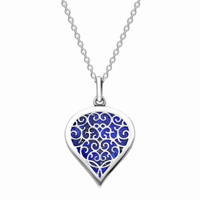 18ct White Gold Lapis Lazuli Flore Filigree Medium Heart Necklace