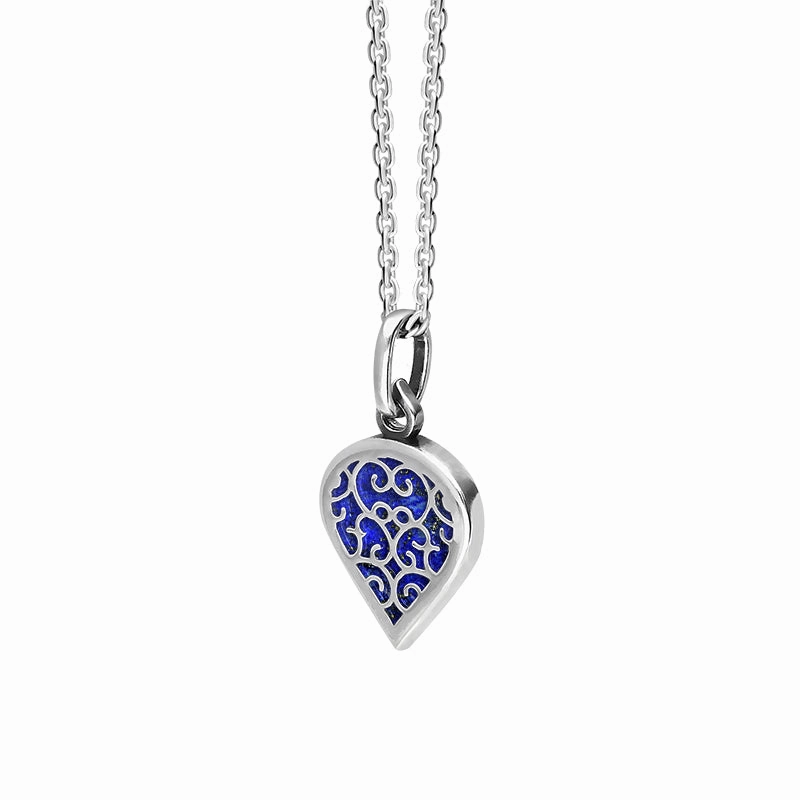 18ct White Gold Lapis Lazuli Flore Filigree Small Heart Necklace
