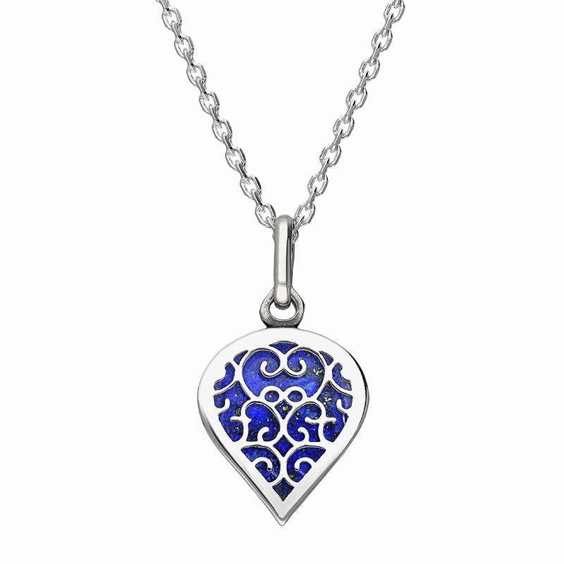 18ct White Gold Lapis Lazuli Flore Filigree Small Heart Necklace