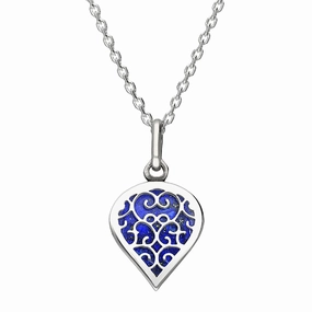 18ct White Gold Lapis Lazuli Flore Filigree Small Heart Necklace