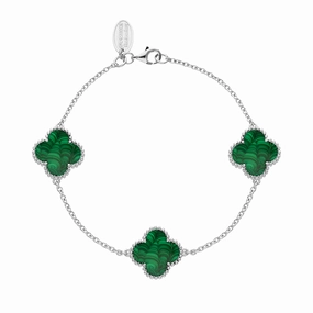 18ct White Gold Malachite Bloom Four Leaf Clover Ball Edge Chain Bracelet