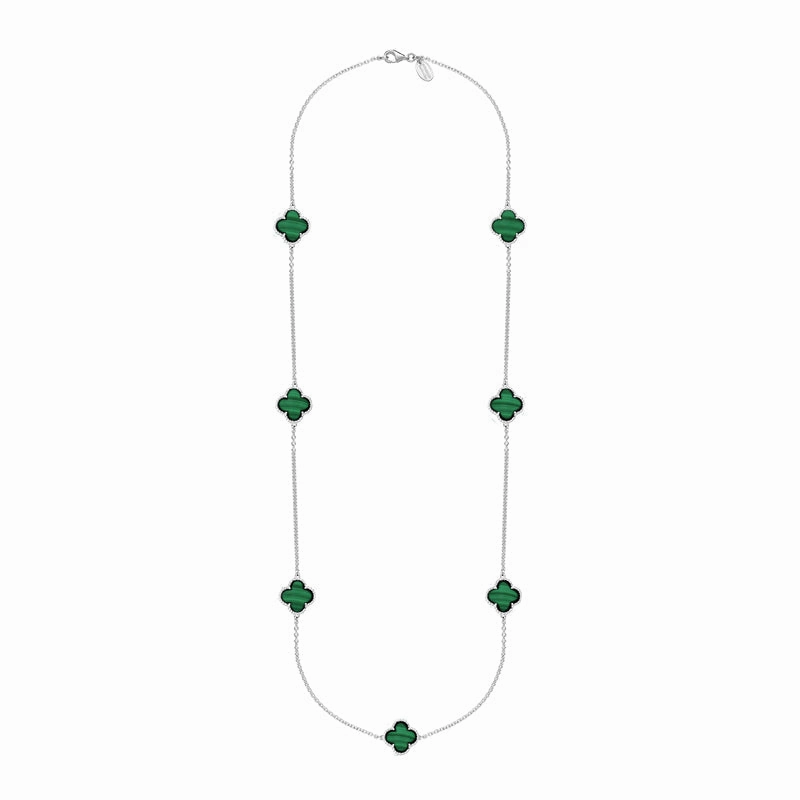 18ct White Gold Malachite Bloom Four Leaf Clover Ball Edge Long Necklace
