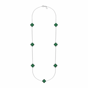 18ct White Gold Malachite Bloom Four Leaf Clover Ball Edge Long Necklace