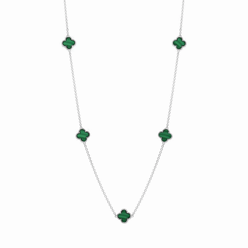 18ct White Gold Malachite Bloom Four Leaf Clover Ball Edge Necklace