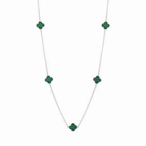 18ct White Gold Malachite Bloom Four Leaf Clover Ball Edge Necklace
