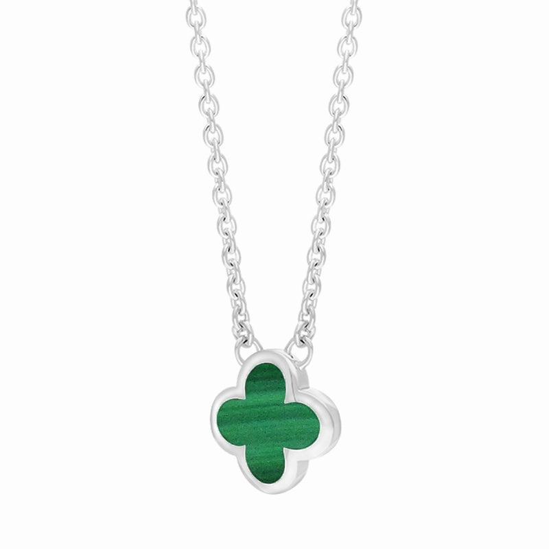 18ct White Gold Malachite Bloom Small Four Leaf Clover Polished Edge Pendant