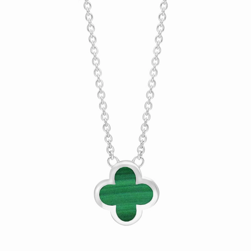 18ct White Gold Malachite Bloom Small Four Leaf Clover Polished Edge Pendant