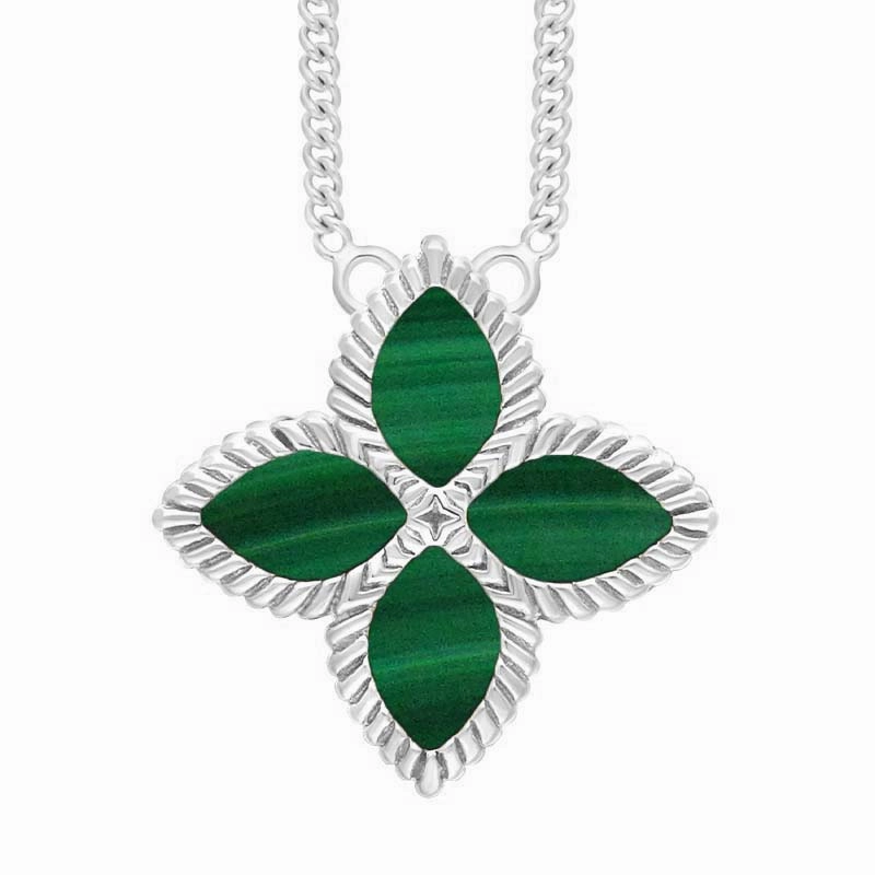 18ct White Gold Malachite Eden Large Marquise Flower Necklace