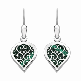 18ct White Gold Malachite Flore Filigree Heart Drop Earrings