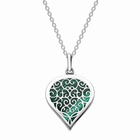 18ct White Gold Malachite Flore Filigree Medium Heart Necklace