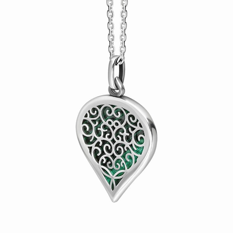 18ct White Gold Malachite Flore Filigree Medium Heart Necklace