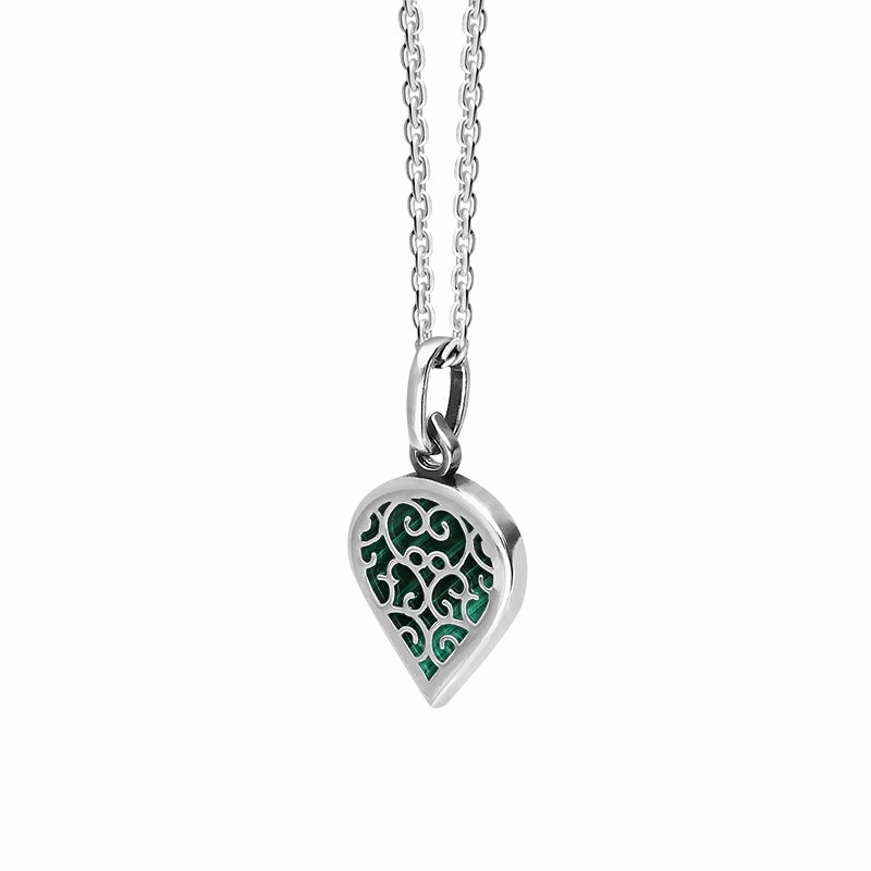 18ct White Gold Malachite Flore Filigree Small Heart Necklace