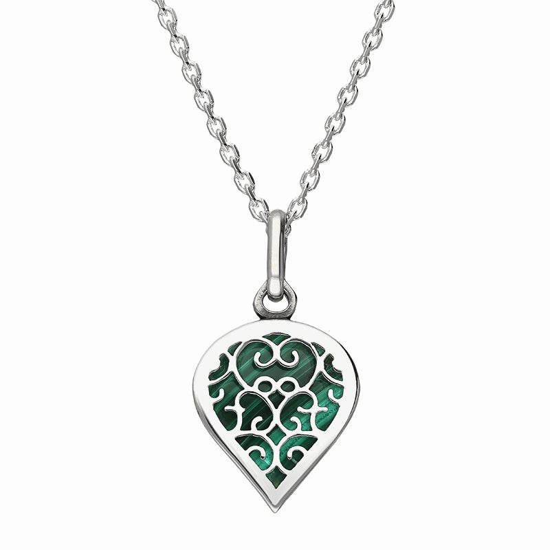 18ct White Gold Malachite Flore Filigree Small Heart Necklace
