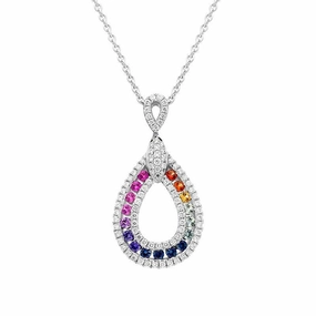 18ct White Gold Mixed Sapphire Diamond Open Pear Drop Necklace
