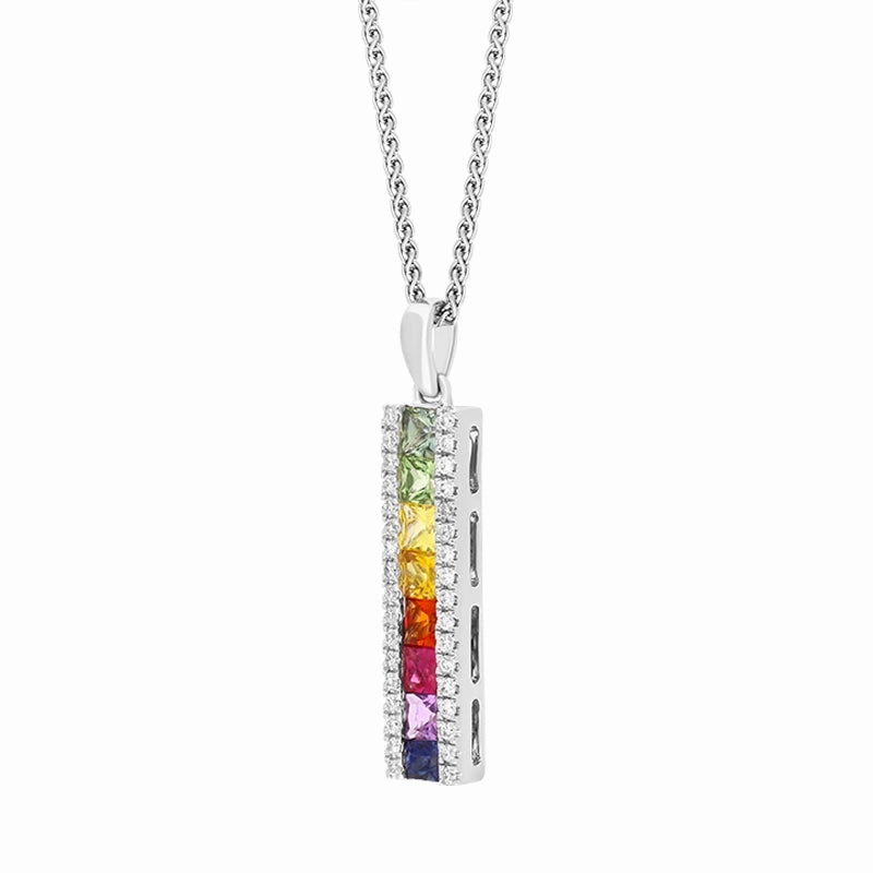 18ct White Gold Multicoloured Sapphire Diamond Bar Pendant