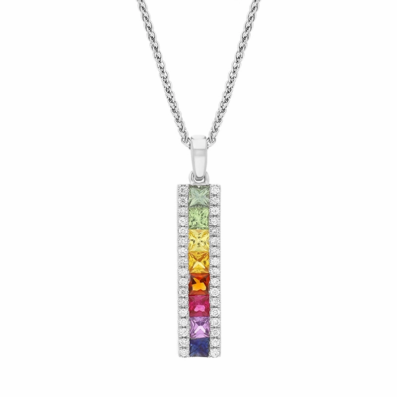 18ct White Gold Multicoloured Sapphire Diamond Bar Pendant
