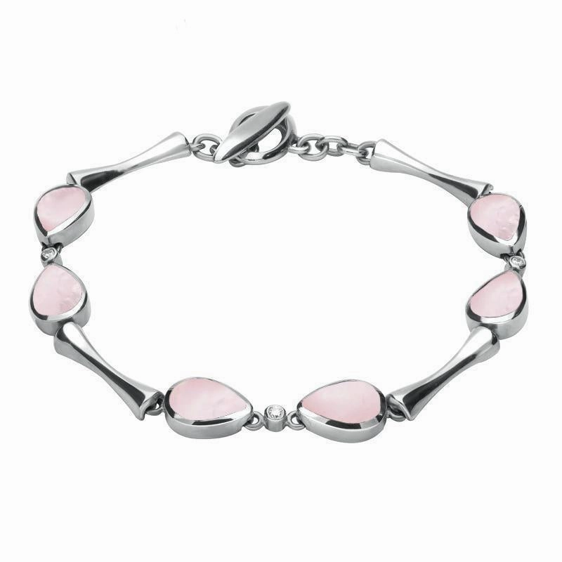 18ct White Gold Pink Mother of Pearl 0.09ct Diamond Six Stone Pear Bracelet