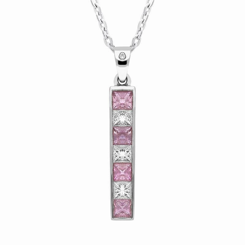 18ct White Gold Pink Sapphire Diamond Bar Necklace