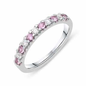 18ct White Gold Pink Sapphire Diamond Claw Set Half Eternity Ring