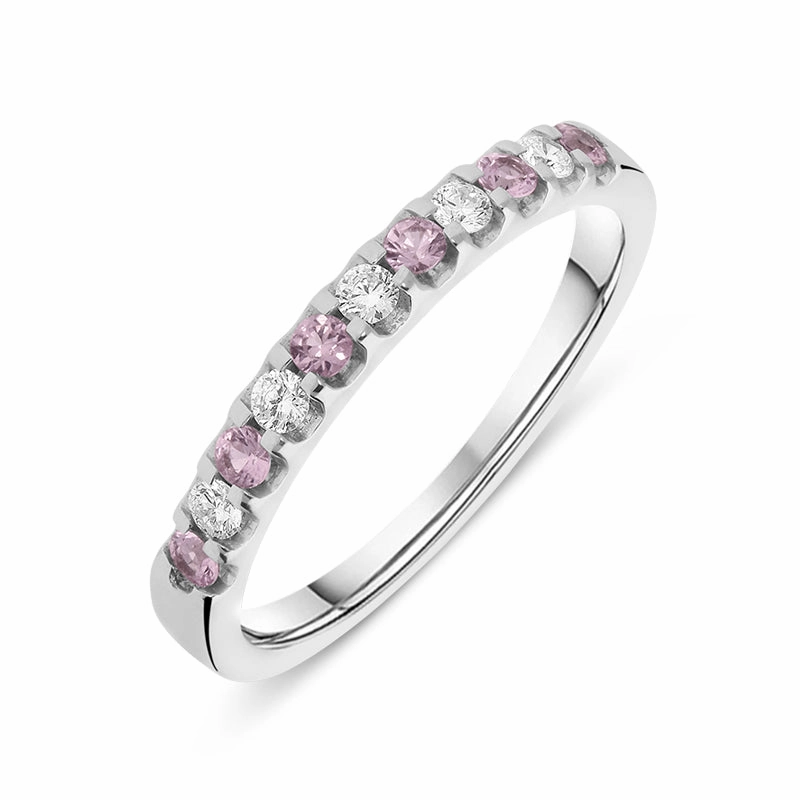 18ct White Gold Pink Sapphire Diamond Claw Set Half Eternity Ring