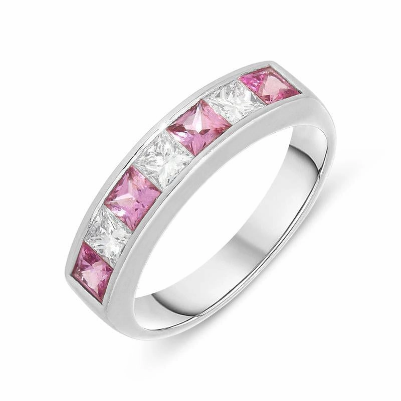 18ct White Gold Pink Sapphire Diamond Princess Cut Half Eternity Ring