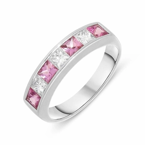 18ct White Gold Pink Sapphire Diamond Princess Cut Half Eternity Ring