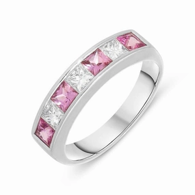 18ct White Gold Pink Sapphire Diamond Princess Cut Half Eternity Ring