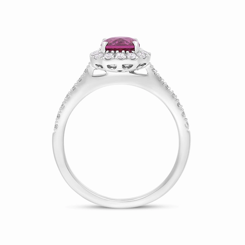 18ct White Gold Pink Tourmaline Diamond Shoulder Set Cushion Cluster Ring