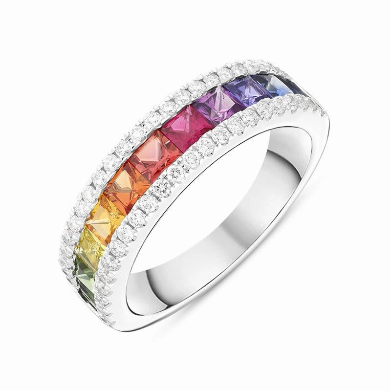 18ct White Gold Rainbow 1.94ct Sapphire 0.40ct Diamond Half Eternity Ring