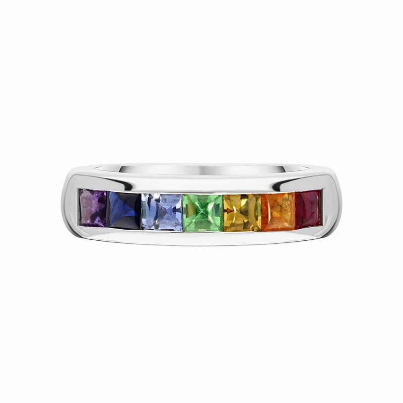18ct White Gold Rainbow Mixed Stone Half Eternity Ring