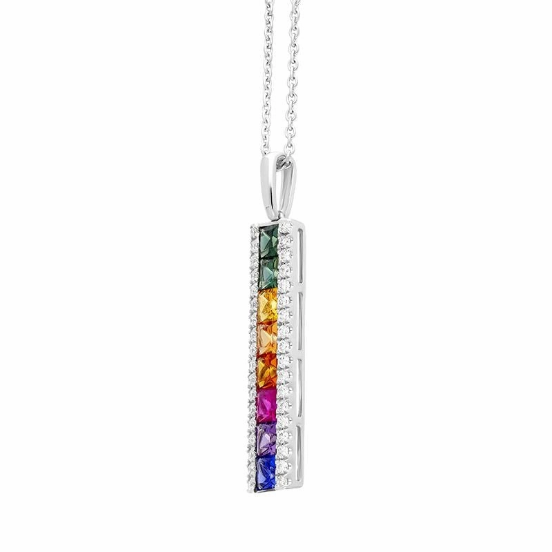 18ct White Gold Rainbow Sapphire 1.77ct Diamond Bar Necklace