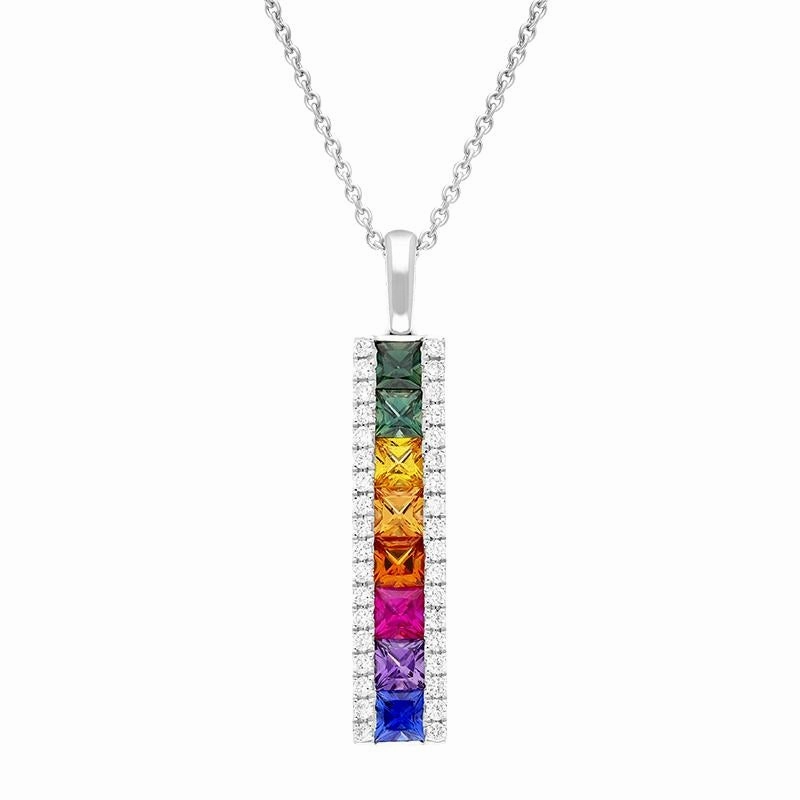 18ct White Gold Rainbow Sapphire 1.77ct Diamond Bar Necklace