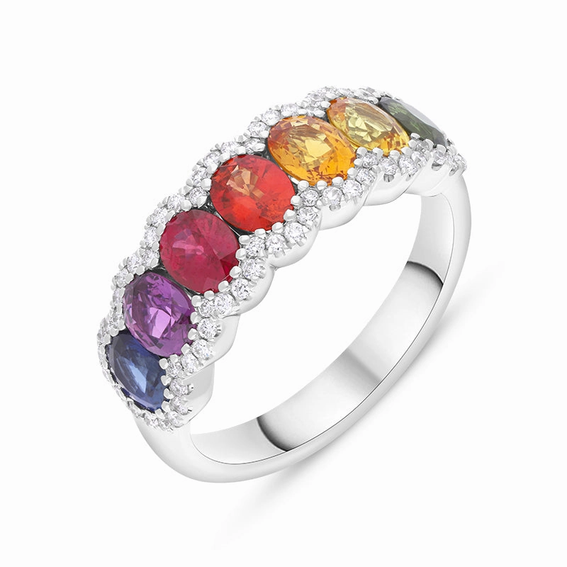 18ct White Gold Rainbow Sapphire Diamond Half Eternity Ring