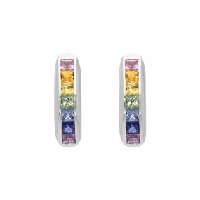 18ct White Gold Rainbow Sapphire Princess Cut Curved Stud Earrings