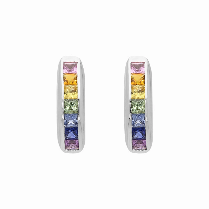 18ct White Gold Rainbow Sapphire Princess Cut Curved Stud Earrings