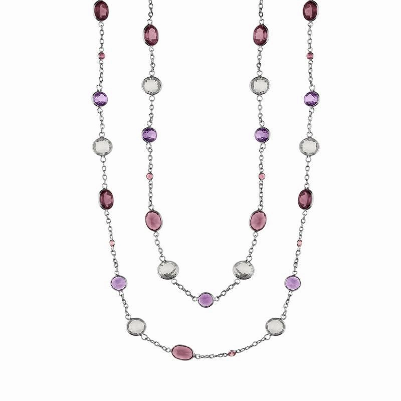 18ct White Gold Rhodalite Topaz Amethyst and Spinel Necklet D