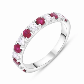 18ct White Gold Ruby Diamond Castle Claw Set Half Eternity Ring