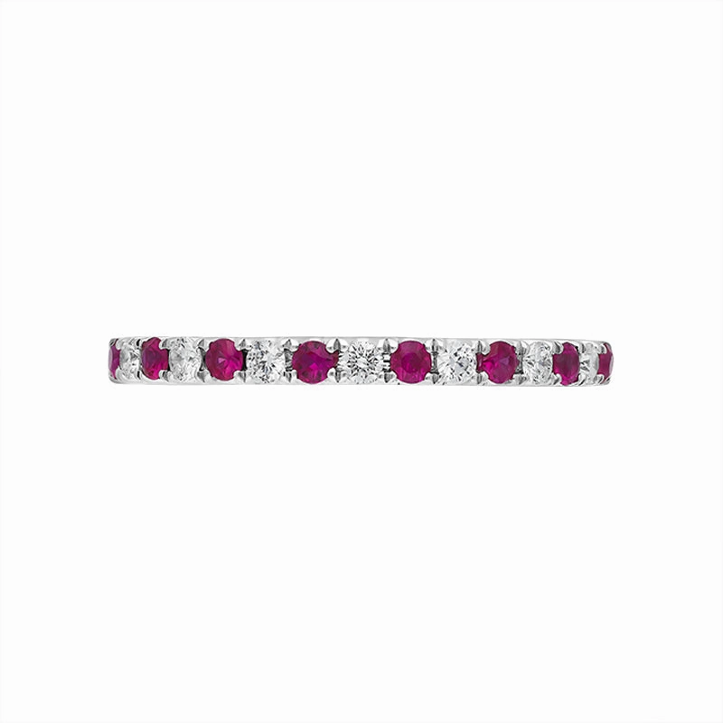 18ct White Gold Ruby Diamond Castle Set Half Eternity Ring