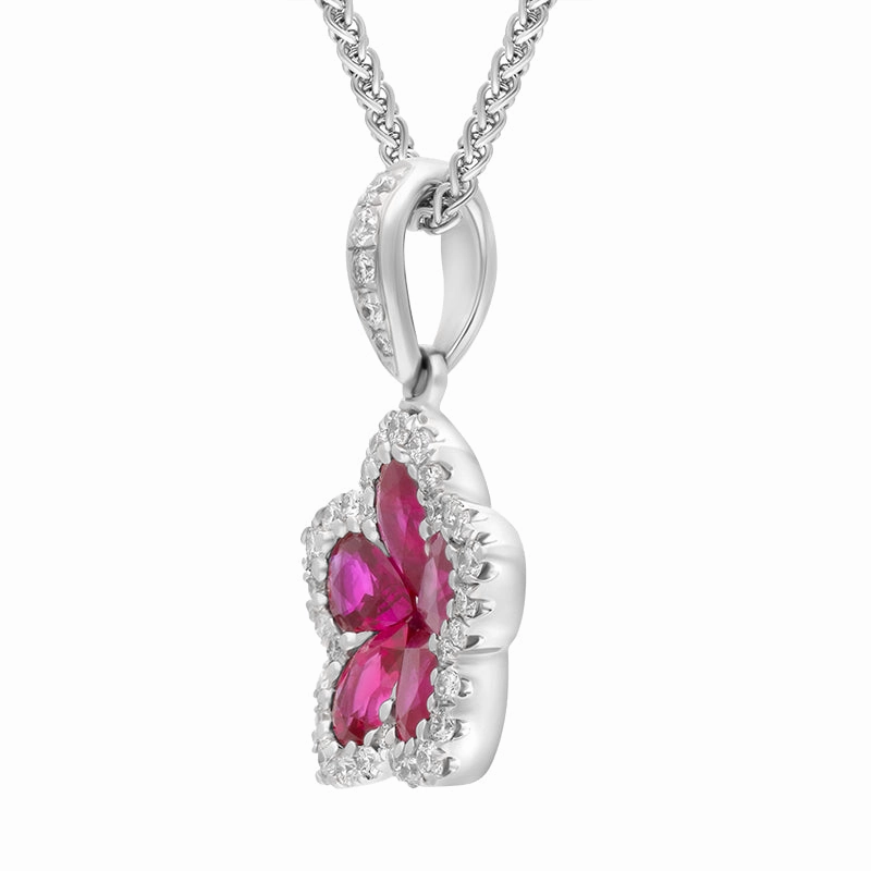 18ct White Gold Ruby Diamond Cluster Pear Cut Flower Pendant