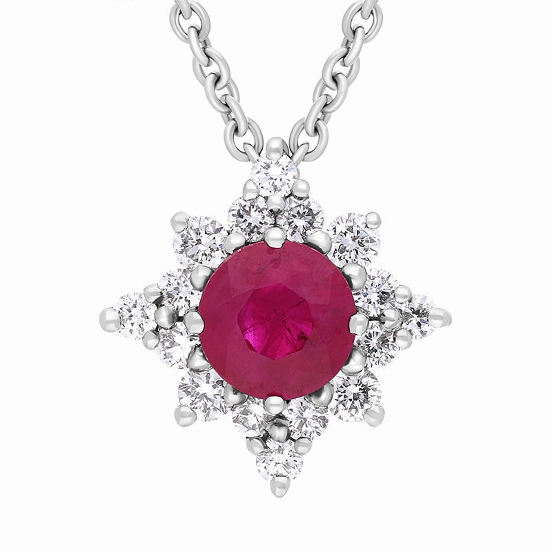 18ct White Gold Ruby Diamond Cluster Star Pendant Necklace