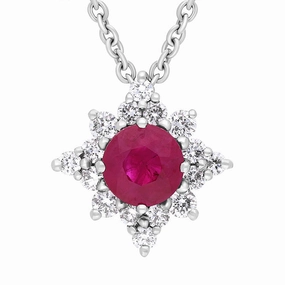 18ct White Gold Ruby Diamond Cluster Star Pendant Necklace