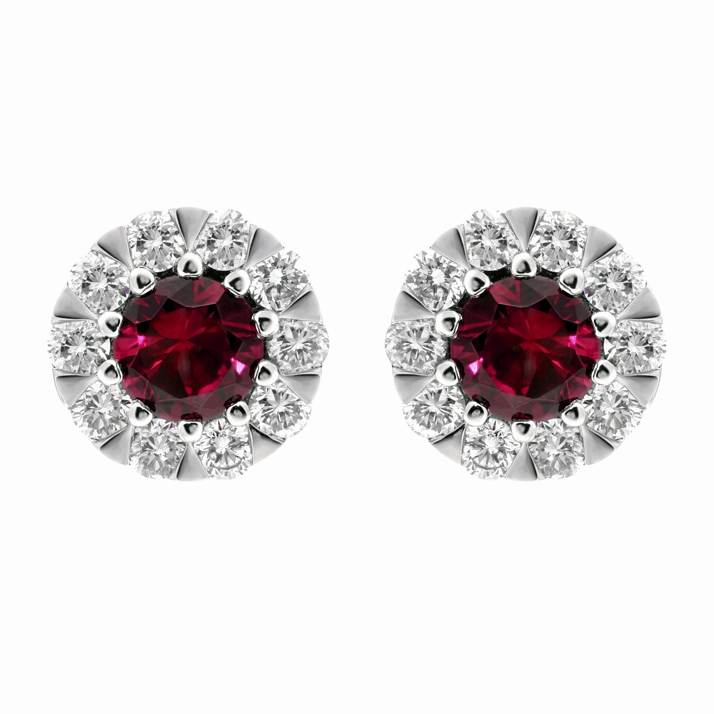 18ct White Gold Ruby Diamond Cluster Stud Earrings