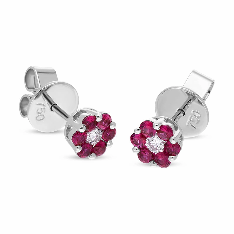 18ct White Gold Ruby Diamond Cluster Stud Earrings