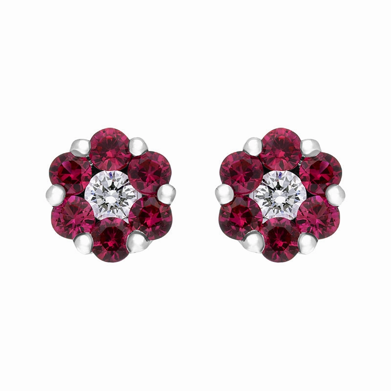 18ct White Gold Ruby Diamond Cluster Stud Earrings