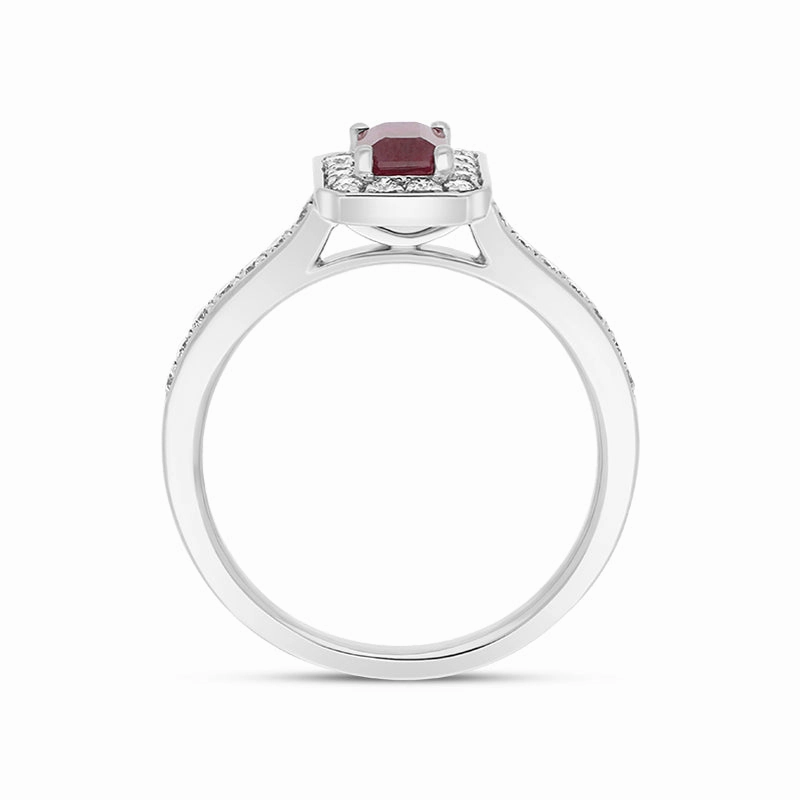 18ct White Gold Ruby Diamond Emerald Cut Shoulder Set Cluster Ring
