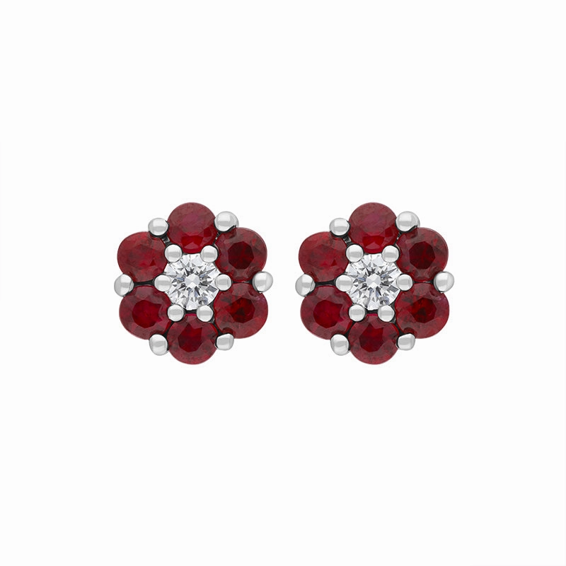 18ct White Gold Ruby Diamond Flower Stud Earrings