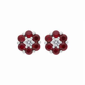 18ct White Gold Ruby Diamond Flower Stud Earrings