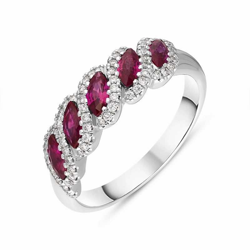 18ct White Gold Ruby Diamond Marquise Half Eternity Ring