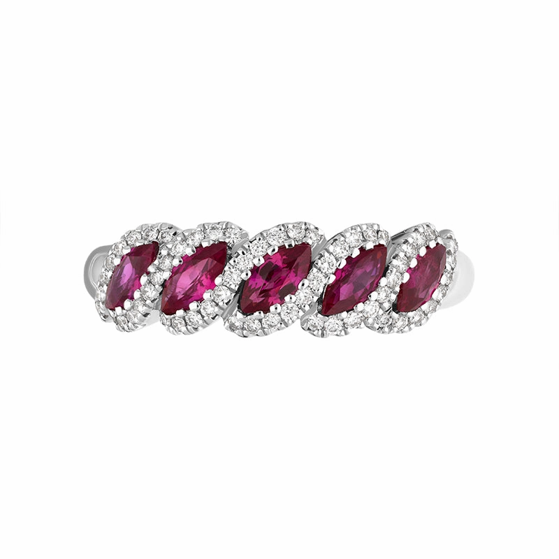 18ct White Gold Ruby Diamond Marquise Half Eternity Ring