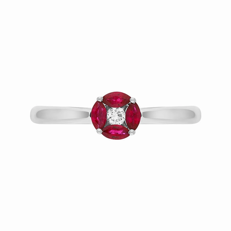 18ct White Gold Ruby Diamond Marquise Stone Round Cluster Ring